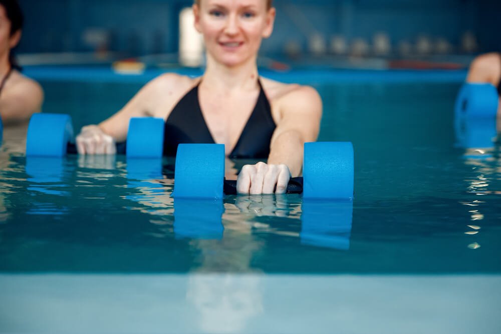 water aerobics with dumbbells