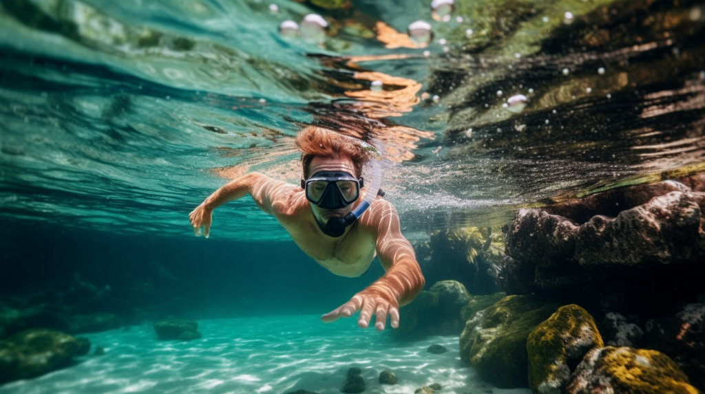 A person snorkeling in clear blue waters